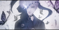 Rule 34 | 1boy, animal, bishounen, black gloves, blindfold, blindfold slip, blue eyes, blurry, buckle, bug, butterfly, choker, depth of field, duplicate, eyelashes, falling feathers, feathers, gloves, hand on own face, highres, bug, letterboxed, male focus, nier (series), nier:automata, one eye covered, pale skin, pixel-perfect duplicate, satsuki kei, solo, upper body, white hair, 9s (nier:automata)
