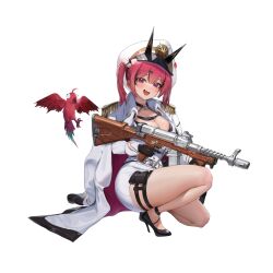 Rule 34 | 1girl, :3, absurdres, ass, belt, bird, blush, breasts, buttons, cleavage, coat, coat on shoulders, curvy, epaulettes, eyewear hang, full body, gloves, goddess of victory: nikke, hat, highres, holding, holding weapon, large breasts, logo, long sleeves, mast (nikke), military uniform, multicolored hair, naughty face, official art, outdoors, parrot, peaked cap, pink hair, purple eyes, short shorts, shorts, skull collar, smile, solo, squatting, sunglasses, thigh strap, transparent background, twintails, two-tone hair, uniform, unworn eyewear, weapon, wide hips