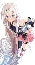 Rule 34 | 1girl, absurdly long hair, ahoge, bare shoulders, black collar, black shirt, black socks, blouse, blue eyes, blush, boots, braid, cevio, closed mouth, collar, collarbone, commentary request, dressing, full body, grey hair, hair between eyes, highres, ia (vocaloid), kneehighs, leaning forward, long hair, long sleeves, looking at viewer, off shoulder, pentagon (railgun ky1206), pink skirt, pleated skirt, puffy long sleeves, puffy sleeves, shirt, single kneehigh, single sock, single thighhigh, skirt, socks, solo, standing, thighhighs, twin braids, very long hair, vocaloid, white background, white footwear