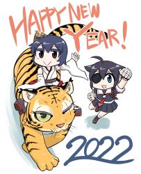 Rule 34 | 2022, 2girls, ahoge, bamboo shoot, black hair, black serafuku, blue eyes, braid, brown eyes, chinese zodiac, detached sleeves, eyepatch, hair flaps, hair ornament, hair over shoulder, happy new year, highres, japanese clothes, kantai collection, multiple girls, necktie, new year, nontraditional miko, red necktie, riding, school uniform, seiran (mousouchiku), serafuku, shigure (kancolle), shigure kai ni (kancolle), short hair, single braid, tiger, wide sleeves, yamashiro (kancolle), year of the tiger