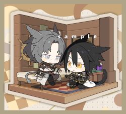Rule 34 | 2boys, anchor, animal ears, arm belt, armor, bedroom, belt, belt buckle, black capelet, black footwear, black gloves, black hair, black pantyhose, black vest, blush stickers, boots, border, bracer, brown belt, brown border, brown shirt, buckle, capelet, cat ears, cat tail, chibi, chinese commentary, closed mouth, coat, collared shirt, commentary request, cork, eye contact, glass bottle, gloves, grey eyes, grey hair, grey shirt, hair between eyes, hand on own thigh, high collar, highres, indoors, light smile, long sleeves, looking at another, male focus, miniskirt, multiple belts, multiple boys, on bed, on one knee, open clothes, open skirt, original, outline, outstretched hand, pantyhose, parted bangs, pauldrons, pillow, pinstripe pattern, pinstripe shirt, pocket, potion, sakuraihum, sample watermark, shirt, short hair, shoulder armor, sitting, skirt, tail, torn clothes, torn coat, vest, watermark, wavy mouth, white coat, white outline, white skirt, wrinkled skin, yaoi, yellow eyes