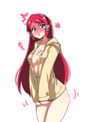 Rule 34 | 1girl, ^^^, blazblue, blue eyes, blush, body blush, bottomless, breasts, cleavage, collarbone, embarrassed, hair ornament, hair tubes, hairband, hood, hoodie, kaname nagi, long hair, naked hoodie, open clothes, red hair, shiny skin, solo, tears, tsubaki yayoi, white background