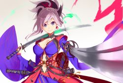 Rule 34 | 1girl, asymmetrical hair, blue eyes, blurry, breasts, cleavage, depth of field, earrings, fate/grand order, fate (series), hair ornament, highres, japanese clothes, jewelry, katana, kimono, large breasts, long hair, long sleeves, looking at viewer, magatama, miyamoto musashi (fate), miyamoto musashi (third ascension) (fate), navel, over shoulder, perspective, pink hair, pointing sword, poligon (046), ponytail, sheath, sheathed, simple background, smile, solo, sword, sword over shoulder, unsheathed, weapon, weapon over shoulder