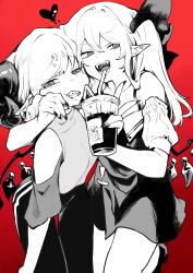 Rule 34 | 2girls, bare shoulders, buttons, collarbone, collared dress, dress, drink, drinking straw, earrings, fingernails, flandre scarlet, gem, goat horns, hair between eyes, hair ribbon, hand on another&#039;s cheek, hand on another&#039;s face, heart, highres, holding, holding drink, horns, jewelry, long hair, multiple girls, nail polish, open mouth, pants, pointy ears, red background, ribbon, risui (suzu rks), sharp fingernails, sharp teeth, shoes, short sleeves, side ponytail, simple background, sleeveless, sleeveless turtleneck, slit pupils, sweater, teeth, tongue, touhou, toutetsu yuuma, turtleneck, v, vampire, wings