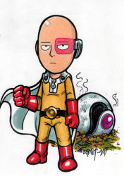 Rule 34 | 1boy, 2015, bald, bodysuit, boots, cape, crossover, dragon ball, dragonball z, full body, gloves, one-punch man, outdoors, red footwear, red gloves, saitama (one-punch man), saiyan, scouter, simple background, spacecraft, standing, white background