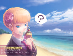 Rule 34 | 1girl, ?, beach, beatrice (umineko), blonde hair, blue eyes, choice, choices, day, female focus, flower, food, food on face, hair ornament, ice cream, ice cream on face, nature, necktie, orange541, outdoors, partially translated, rose, sky, solo, translation request, umineko no naku koro ni