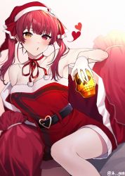 Rule 34 | 14 (vision5032), 1girl, belt, bow, breasts, choker, christmas, cup, gloves, hair ribbon, half gloves, hat, heart, heart belt, heterochromia, highres, holding, holding cup, hololive, houshou marine, knee up, large breasts, o3o, pillow, pom pom (clothes), red choker, red eyes, red hair, ribbon, ribbon choker, santa costume, santa hat, sitting, skull, skull cup, solo, thighs, twintails, virtual youtuber, whistling, yellow eyes