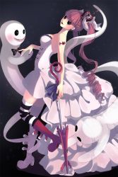 Rule 34 | 1girl, bare shoulders, boots, bow, bowtie, dark background, dress, drill hair, ghost, head tilt, highres, long hair, looking at viewer, marmaladica, one piece, perona, pink hair, simple background, strapless, strapless dress, striped clothes, striped thighhighs, thighhighs, twin drills, twintails, umbrella, very long hair