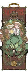Rule 34 | 00s, 1girl, art nouveau, blush, boots, brown hair, dress, flower, frills, fujinozu, full body, german text, green dress, green flower, green rose, head scarf, hetero, heterochromia, highres, holding, long hair, long sleeves, plant, rose, rozen maiden, solo, suiseiseki, text focus, thorns, translated, very long hair, vines, watering can, yellow flower, yellow rose