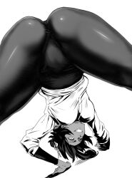 Rule 34 | 1girl, all fours, ass, between legs, bleach, daraz, greyscale, highres, leggings, long hair, looking at viewer, looking through own legs, monochrome, parted lips, ponytail, shihouin yoruichi, smile, solo, spread legs, sweater, top-down bottom-up, upside-down, view between legs, white background