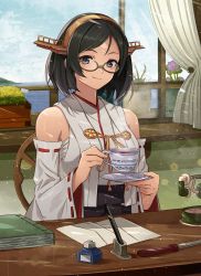 Rule 34 | 1girl, absurdres, black hair, book, breasts, cloud, cup, curtains, day, desk, detached sleeves, envelope, flower, glasses, green-framed eyewear, highres, holding, holding cup, indoors, japanese clothes, kanmiya shinobu, kantai collection, kirishima (kancolle), kirishima kai ni (kancolle), large breasts, looking at viewer, ocean, paper, phone, plant, potted plant, purple flower, ribbed sweater, ribbon trim, short hair, sitting, sky, solo, sweater, teacup, white flower, window, yellow flower