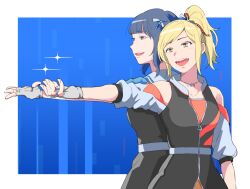 Rule 34 | 2girls, :d, asaka karin, back-to-back, bare shoulders, black jacket, blonde hair, blue background, blue eyes, blue hair, blue jacket, clothing cutout, collarbone, commentary, dark blue hair, diverdiva, fingerless gloves, gloves, height difference, idol clothes, jacket, jewelry, kitamura touru, love live!, love live! nijigasaki high school idol club, medium hair, miyashita ai, multiple girls, necklace, open mouth, outstretched arm, ponytail, reaching, red jacket, short sleeves, shoulder cutout, smile, sparkle, standing, upper body, white background, white gloves, yellow eyes