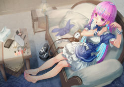 Rule 34 | 1girl, ahoge, alarm clock, anchor symbol, bad id, bad pixiv id, barefoot, black footwear, blue dress, blue hair, blunt bangs, blush, bow, braid, braiding hair, breasts, clock, colored inner hair, commentary request, couch, dress, feet, fingernails, hairdressing, hands up, high heels, highres, hololive, indoors, long hair, looking at viewer, minato aqua, minato aqua (1st costume), multicolored hair, nail polish, nail polish bottle, on couch, open mouth, pink hair, pink nails, puffy short sleeves, puffy sleeves, purple eyes, saraki, shoes, unworn shoes, short sleeves, signature, sitting, small breasts, solo, tissue box, toenail polish, toenails, toes, two-tone hair, very long hair, virtual youtuber, white bow, wristband