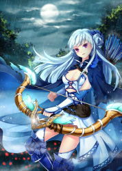 Rule 34 | 1girl, armor, arrow (projectile), blue hair, bow (weapon), breasts, cleavage, dkaki, fantasy, full moon, greaves, long hair, moon, original, quiver, solo, weapon
