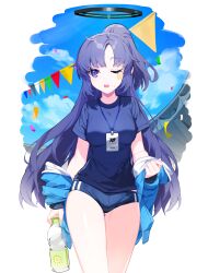 Rule 34 | 1girl, absurdres, blue archive, blue buruma, blue jacket, blue shirt, bottle, breasts, buruma, commentary, confetti, cowboy shot, gym shirt, gym uniform, halo, highres, holding, holding bottle, honi (honi1010), id card, jacket, jacket partially removed, lanyard, long hair, medium breasts, off shoulder, official alternate costume, one eye closed, open clothes, open jacket, open mouth, ponytail, purple eyes, purple hair, shirt, short sleeves, solo, star sticker, sticker on face, string of flags, sweatdrop, teeth, track jacket, upper teeth only, water bottle, yuuka (blue archive), yuuka (track) (blue archive)