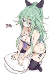Rule 34 | 10s, 1girl, all fours, ass, bare shoulders, bikini, black bikini, black ribbon, black thighhighs, blue eyes, blush, breasts, cleavage, collarbone, commentary request, cushion, from above, goekawa, green hair, hair between eyes, hair ornament, hair ribbon, hairclip, kantai collection, long hair, looking at viewer, medium breasts, one-hour drawing challenge, ponytail, ribbon, side-tie bikini bottom, simple background, sketch, solo, swimsuit, thighhighs, white background, yamakaze (kancolle)