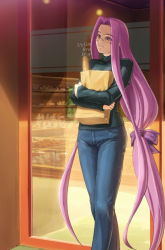 Rule 34 | 00s, 1girl, bread, casual, denim, fate/hollow ataraxia, fate/stay night, fate (series), food, glasses, jeans, long hair, long sleeves, low-tied long hair, medusa (fate), medusa (rider) (fate), official alternate costume, pants, pink eyes, ponytail, purple eyes, purple hair, smile, solo, square pupils, tani, turtleneck, very long hair