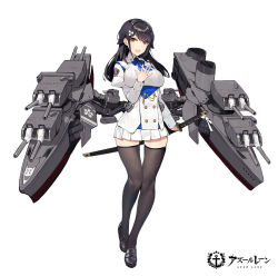 Rule 34 | 1girl, :d, animal ears, azur lane, black footwear, black hair, black thighhighs, blue bow, blue bowtie, bow, bowtie, breasts, buttons, cannon, choukai (azur lane), collared shirt, colored eyelashes, copyright name, dog ears, floppy ears, full body, hair ornament, highres, holding, holding sword, holding weapon, katana, kishiyo, large breasts, long hair, long sleeves, looking at viewer, machinery, magatama, military, military uniform, miniskirt, mole, mole on thigh, official art, open mouth, orange eyes, pleated skirt, puffy long sleeves, puffy sleeves, revision, sheath, sheathed, shirt, simple background, skirt, smile, solo, sword, tachi-e, thighhighs, turret, uniform, weapon, white background, white shirt, zettai ryouiki