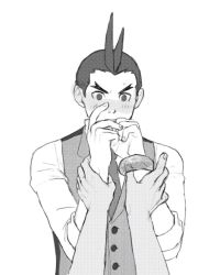Rule 34 | 2boys, ace attorney, apollo justice, apollo justice: ace attorney, blush, bracelet, buttons, embarrassed, forehead, forked eyebrows, godzillapigeon1, greyscale, halftone, hands up, highres, holding another&#039;s arm, jewelry, long sleeves, male focus, monochrome, multiple boys, necktie, nose blush, own hands together, pov, shirt, simple background, sketch, sleeves rolled up, sweat, upper body, v-shaped eyebrows, vest, white background, wide-eyed, yaoi