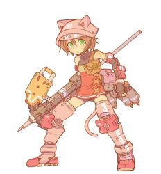 Rule 34 | 1girl, animal ears, animal hat, armored boots, asagi juukou, bare shoulders, bike shorts, black gloves, black shorts, boots, brown footwear, brown hair, cabbie hat, commission, covered collarbone, elbow gloves, fake animal ears, full body, gloves, green eyes, hair between eyes, hat, highres, holding, holding weapon, looking at viewer, original, parted lips, partially fingerless gloves, pink hat, short shorts, shorts, simple background, skeb commission, solo, thigh boots, weapon, white background