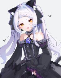 Rule 34 | 1girl, animal ear fluff, animal ears, bat (animal), black dress, blush, breasts, cat ears, cat tail, choker, collarbone, commentary request, detached sleeves, dress, frilled choker, frilled ribbon, frills, gothic lolita, grey background, hair ribbon, halterneck, head tilt, heart, highres, hololive, light purple hair, lolita fashion, long hair, mogu9 9, murasaki shion, murasaki shion (gothic lolita), open mouth, ribbon, short eyebrows, sidelocks, simple background, sleeveless, small breasts, solo, tail, twintails, virtual youtuber, wide sleeves