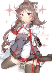 Rule 34 | 1girl, absurdres, animal ears, arknights, black thighhighs, breasts, brown hair, curled horns, dress, eyjafjalla (arknights), fur-trimmed dress, fur trim, gas mask, goat horns, goggles, unworn goggles, gouka, grey dress, highres, horns, long hair, looking at viewer, mask, mask around neck, red eyes, sheep ears, sheep horns, solo, thighhighs, torn clothes, torn coat, torn dress, wool