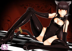 Rule 34 | 1girl, animal ears, bare shoulders, bell, black hair, boots, breasts, cat ears, cat tail, cigarette, cleavage, cleavage cutout, clothing cutout, dom03, elbow gloves, gloves, long hair, original, red eyes, ribbon, smoke, smoking, solo, tail, tail ornament, tail ribbon, thigh boots, thighhighs