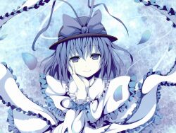Rule 34 | 1girl, artist request, blue theme, bow, capelet, closed mouth, frilled capelet, frills, hat, hat bow, highres, looking at viewer, nagae iku, short hair, smile, solo, third-party source, touhou, upper body