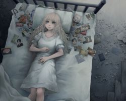 Rule 34 | 1girl, bed, bed sheet, blonde hair, blue eyes, blunt bangs, cat, commentary request, dreaming, dress, empty eyes, lying, on back, original, parted lips, photo (object), pillow, puffy short sleeves, puffy sleeves, ruins, short sleeves, solo, white dress, yajirushi (chanoma)