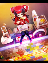 Rule 34 | 1girl, alternate costume, baseball cap, black thighhighs, book, bow, brown eyes, charging device, cheese, employee uniform, fast food uniform, flower, flyer, food, food on face, game boy, hair tubes, hakurei reimu, handheld game console, hat, holding, holding food, holding pizza, motor vehicle, open book, pepperoni, pizza, pizza box, pizza delivery, pizza slice, red bow, red footwear, red hat, scooter, sitting, solo, thighhighs, touhou, twintails, uniform, yashima yuuta, yellow flower