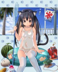 Rule 34 | 00s, 1girl, :t, amamiya minato, animal ears, bad id, bad pixiv id, beach, beetle, black hair, brown eyes, bug, butterfly net, cameltoe, cat ears, cat tail, corn, day, diving mask, food, fruit, goggles, hand net, hat, highres, innertube, insect, k-on!, kooribata, long hair, nakano azusa, net, one-piece swimsuit, paw print, pout, school swimsuit, shaved ice, solo, straw hat, swim ring, swimsuit, tail, thighhighs, twintails, watermelon, white one-piece swimsuit, white school swimsuit, white thighhighs