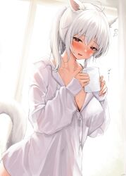 Rule 34 | 1girl, :d, ahoge, animal ears, blush, borrowed clothes, breasts, buttons, cat ears, cat girl, cat tail, cleavage, collarbone, cup, highres, holding, holding cup, indoors, large breasts, long hair, long sleeves, looking at viewer, mug, open mouth, original, red eyes, shhilee, shirt, smile, solo, sweat, tail, translation request, white hair, white shirt