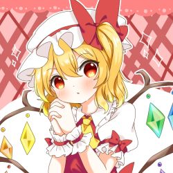 Rule 34 | 1girl, :o, ascot, blonde hair, blush, border, checkered background, commentary, flandre scarlet, gloves, hair between eyes, hand on own cheek, hand on own face, hat, hat ribbon, head tilt, interlocked fingers, lace, lace border, looking at viewer, mob cap, natsune ilasuto, one side up, ornate border, own hands clasped, own hands together, pink background, puffy short sleeves, puffy sleeves, ribbon, shirt, short hair, short sleeves, solo, sparkle, touhou, two-tone background, upper body, white background, white gloves, white hat, white shirt, wings, wrist cuffs, yellow ascot