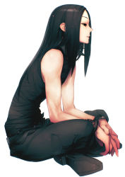 Rule 34 | 1boy, absurdres, black eyes, black hair, from side, full body, half-closed eyes, highres, hunter x hunter, illumi zoldyck, long hair, male focus, own hands together, simple background, sitting, solo, white background, zubon no onara