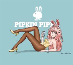 Rule 34 | :3, alcohol, animal ears, arm support, bare shoulders, beer, beer can, black pantyhose, blue background, bow, bowtie, breasts, can, character name, cleavage, closed mouth, commentary, detached collar, drink can, english commentary, from side, full body, high heels, highres, leotard, long hair, looking at viewer, lounging, medium breasts, pantyhose, phase connect, pink bow, pink bowtie, pink eyes, pink hair, pipkin pippa, playboy bunny, rabbit ears, rabbit girl, simple background, smile, the sourkraut, twitter username, virtual youtuber, wrist cuffs, yellow leotard