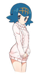 Rule 34 | 1girl, aran sweater, blue eyes, blue hair, blush, bright pupils, cable knit, casual, cowboy shot, creatures (company), cropped legs, dress, game freak, hairband, itamochi, lana (pokemon), looking at viewer, nintendo, pokemon, pokemon sm, short hair, simple background, solo, sweater, sweater dress, trial captain, white background