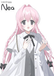 Rule 34 | 1girl, black bow, bow, braid, character name, chihuri, collared shirt, commentary request, dress shirt, grey vest, hair between eyes, hair bow, hair intakes, hands up, highres, jacket, long hair, long sleeves, nea (chihuri), open clothes, open jacket, original, pink hair, puffy long sleeves, puffy sleeves, purple eyes, shirt, simple background, solo, twin braids, upper body, very long hair, vest, white background, white jacket, white shirt
