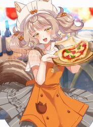 1girl :d apron brown_hair colored_eyelashes commentary_request grey_skirt hair_ornament hat hat_with_ears highres light_blush looking_at_viewer margherita_(wuthering_waves) margherita_pizza open_mouth orange_apron orange_eyes oven_mitts shirt short_hair short_twintails skirt smile solo tail twintails white_hat white_shirt wuthering_waves yuyuhi_gm