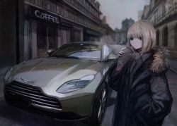 Rule 34 | 1girl, aston martin, aston martin db11, black jacket, blonde hair, blurry, bob cut, breath, cafe, car, city, closed mouth, coffee, coffee cup, commentary request, cowboy shot, cup, day, depth of field, disposable cup, fur-trimmed jacket, fur trim, grey eyes, hand in pocket, hand up, hashimoto kokai, highres, holding, holding cup, jacket, looking at viewer, medium hair, motor vehicle, original, outdoors, perspective, reflection, road, shop, sign, solo, sports car, street, vehicle focus