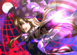 Rule 34 | 1girl, american flag dress, blush, clownpiece, commentary request, fairy wings, foreshortening, hair between eyes, hat, highres, holding, holding torch, jester cap, long hair, looking at viewer, neck ruff, open mouth, otoshiro kosame, polka dot, purple hat, red eyes, smile, solo, star (symbol), star print, striped, torch, touhou, transparent wings, wings