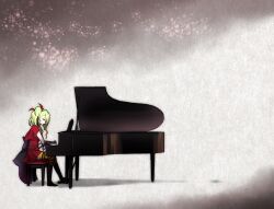 Rule 34 | 1girl, akaimato, deathpolca, demons roots, dress, fingerless gloves, from side, full body, gloves, grand piano, green hair, grey background, hair ribbon, highres, instrument, long hair, music, non-web source, piano, piano bench, playing instrument, playing piano, profile, red dress, ribbon, side ponytail, sitting, solo, striped clothes, striped thighhighs, thighhighs