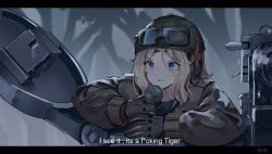 Rule 34 | 1girl, absurdres, black gloves, black jacket, black shirt, blonde hair, blue eyes, blurry, blurry background, blush, censored, censored text, clenched teeth, commentary, depth of field, english text, gar32, girls und panzer, gloves, goggles, goggles on headwear, green headwear, helmet, highres, holding, jacket, kay (girls und panzer), letterboxed, long sleeves, military, military vehicle, motor vehicle, open clothes, open jacket, parted bangs, profanity, puffy long sleeves, puffy sleeves, shirt, signature, solo, star (symbol), tank, teeth, tree, upper body, v-shaped eyebrows