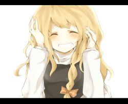 Rule 34 | 1girl, blonde hair, blush, bow, braid, closed eyes, female focus, grin, hair bow, twirling hair, hand in own hair, kirisame marisa, letterboxed, mono (recall), side braid, simple background, smile, solo, touhou, upper body