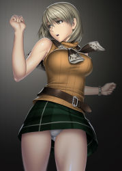Rule 34 | 1girl, ashley graham, bare shoulders, belt, bracelet, breasts, covered erect nipples, grey eyes, grey hair, impossible clothes, impossible shirt, jewelry, kansuke, large breasts, looking back, miniskirt, open mouth, orange shirt, panties, pantyshot, resident evil, resident evil 4, scarf, shiny skin, shirt, short hair, skirt, solo, taut clothes, taut shirt, turtleneck, underwear, upskirt