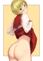 Rule 34 | 1girl, artist request, ass, blonde hair, blouse, blue eyes, blush, bottomless, clothes lift, embarrassed, from behind, highres, lifted by self, looking back, major 2nd, mayumura michiru, no panties, outside border, school uniform, serafuku, shirt, short hair, skirt, skirt lift, solo, standing, white shirt, yellow background