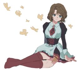 1girl arm_support ascot blue_eyes breasts brown_hair bug butterfly corset dress frills full_body highres insect kneehighs long_sleeves looking_at_viewer red_ascot red_socks rxnal0 shannon_(umineko) short_hair sitting skirt socks solo umineko_no_naku_koro_ni white_background yokozuwari