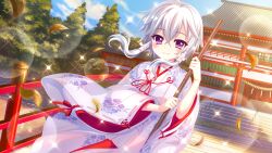 Rule 34 | 1girl, architecture, blue sky, bridge, broom, closed mouth, day, dot nose, east asian architecture, film grain, floral print, floral print kimono, game cg, holding, holding broom, ichijou ruka, izumi tsubasu, japanese clothes, kimono, leaf, lens flare, looking at viewer, non-web source, official art, outdoors, print kimono, purple eyes, re:stage!, river, short hair with long locks, sky, smile, solo, sparkle, stairs, tree, white hair, white kimono, wind