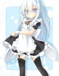 Rule 34 | 10s, 1girl, alternate costume, apron, aqua eyes, aqua hair, black thighhighs, detached collar, detached sleeves, enmaided, frilled skirt, frills, garter straps, hibiki (kancolle), kantai collection, long hair, maid, maid apron, puffy short sleeves, puffy sleeves, rateratte, ribbon, short sleeves, skirt, skirt hold, solo, thighhighs