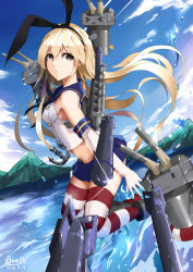 Rule 34 | &gt; &lt;, 10s, 1girl, :3, absurdres, akasan, akasan (wes anikis), bare shoulders, bikini, blonde hair, boots, breasts, brown eyes, female focus, gloves, hairband, highres, kantai collection, long hair, looking at viewer, navel, rensouhou-chan, shimakaze (kancolle), sideboob, skirt, solo, swimsuit, thighhighs, water, water float, weapon