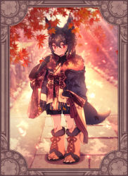 Rule 34 | androgynous, animal ears, autumn leaves, black hair, black hairband, creatures (company), dappled sunlight, day, fur trim, game freak, gen 2 pokemon, gender request, hairband, highres, looking at viewer, moe (hamhamham), nintendo, outdoors, paw shoes, personification, pokemon, red eyes, standing, sunlight, tail, thick eyebrows, typhlosion, wide sleeves, yellow legwear